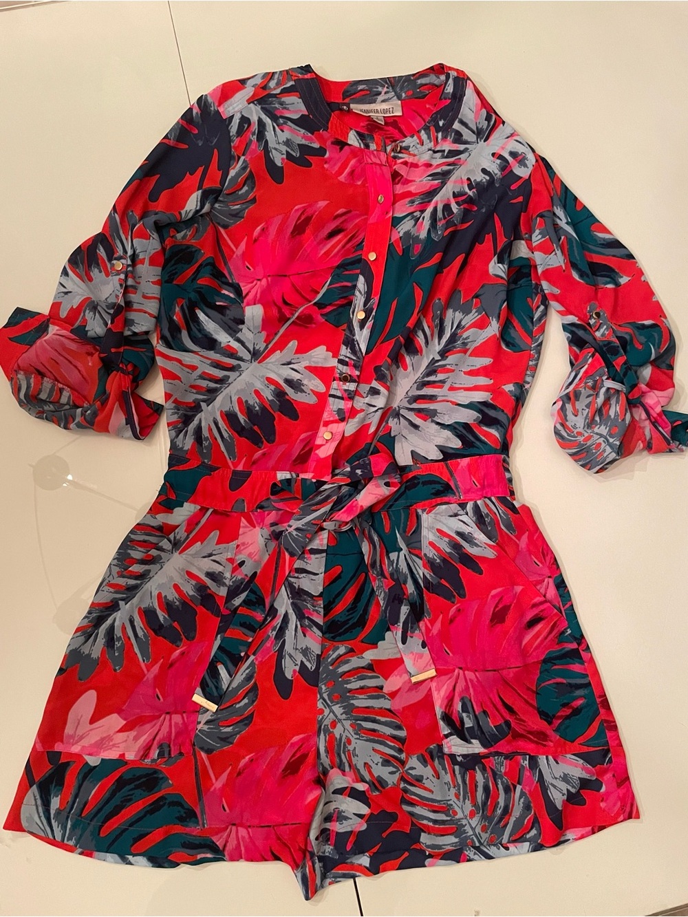 Jennifer Lopez Hot Pink & Teal Tropical Button Top